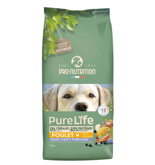 Pure Life Dog ADULT LIGHT/STERILIZED with Chicken 12 kg - Food for overweight or neutered dogs over 1 year old. With chicken, grain and gluten free.