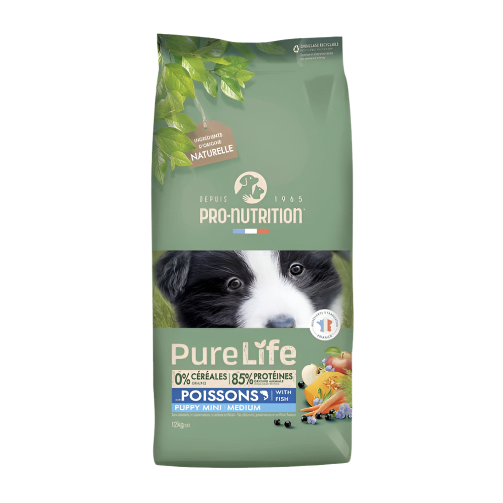 Pure Life Dog PUPPY MINI MEDIUM with Fish 12 kg - Храна за кученца от дребни и средни породи (15 кг - 25 кг), с риба. Подходяща за бременни и кърмещи кучета. Без зърно и глутен.