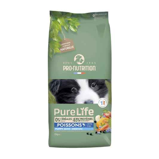 Pure Life Dog PUPPY MINI MEDIUM with Fish 12 kg - Food for puppies of small and medium breeds (15 kg - 25 kg), with fish. Suitable for pregnant and lactating dogs. Grain and gluten free.