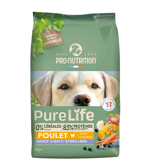 Pure Life Dog Adult Light/Reduced with Chicken 2kg – Grain &amp; Gluten-Free Food for Overweight/Castrated Dogs