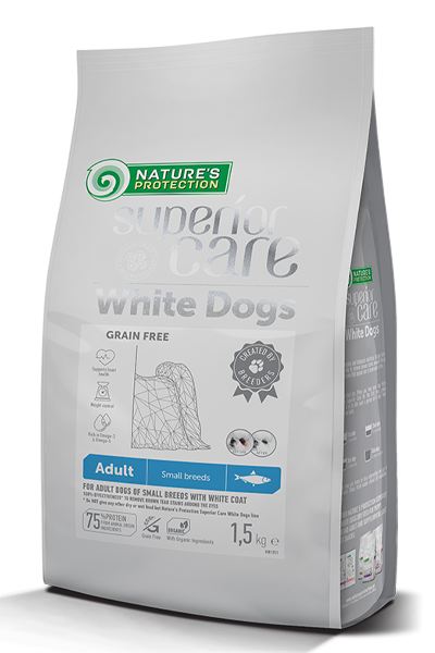 White dogs Grain Free With Herring Adult Small Breed! Complete grain-free food with white fish for adult dogs of small and mini breeds with white fur (body weight 1-10kg)