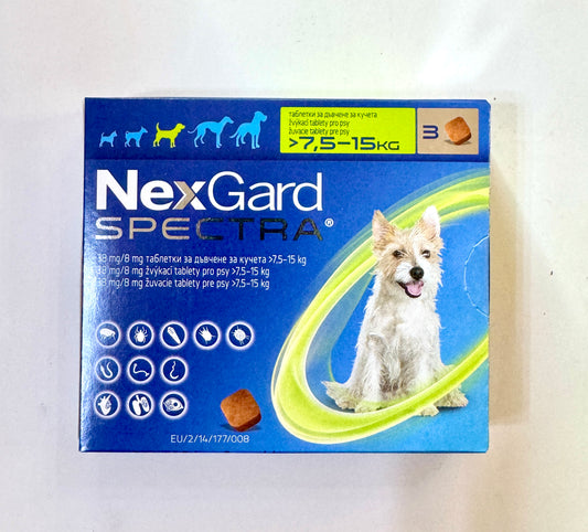 NEXGARD SPECTRA – AGAINST FLEAS, TICKS, HEARTFAILURE, ROUNDWORMS, 7.5-15 kg -3 pcs. in a box