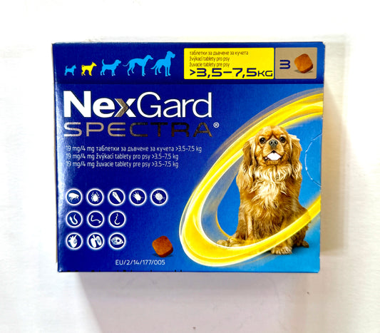 NEXGARD SPECTRA – AGAINST FLEAS, TICKS, HEARTFAILURE, ROUNDWORMS, BOX OF 3 PCS 3.5-7.5 kg