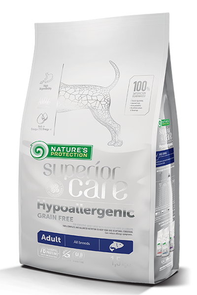 Hypoallergenic Grain Free Salmon Adult All breed! Complete grain-free food with salmon for adult dogs of all breeds with sensitive digestive systems and a tendency to allergies.