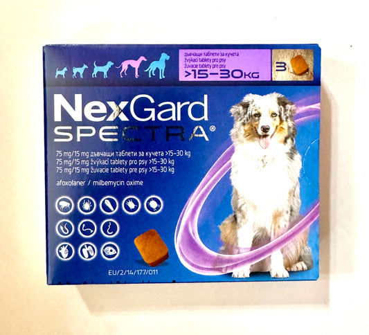 NEXGARD SPECTRA – AGAINST FLEAS, TICKS, DIROFILARIOSA, ROUNDWORMS, 15-30 kg - 3 pcs in a box!