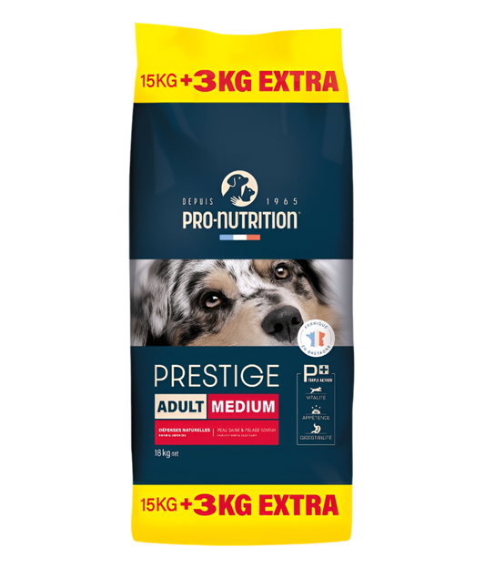 Prestige Dog Adult Medium 15kg + 3kg Free – Complete Food for Adult Medium Breeds, Made in France 