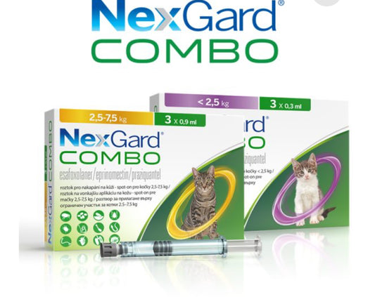 NEXGARD COMBO – SPOT ON FOR COMPLETE INTERNAL AND EXTERNAL DEPARTISING IN CATS – box with 3 pipettes for cats from 2.5 kg to 7.5 kg 