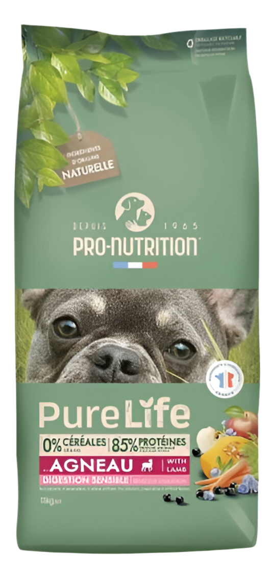 Pure Life Dog ADULT with Lamb 11 kg - Complete food for adult dogs WITH SENSITIVE DIGESTION, with LAMB. Suitable for dogs of all breeds over 1 year old. Grain-free, gluten-free. Made in France.