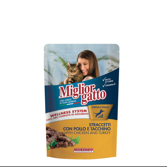 MIGLIORGATTO STRACETTI POUCH FOR CATS WITH CHICKEN AND TURKEY COMPLETE CAT FOOD, 100 GRAMS