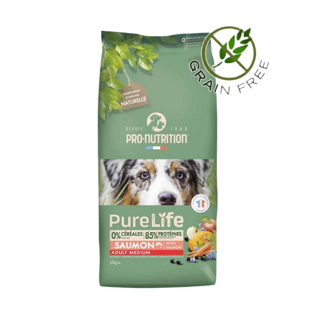 Pure Life Dog ADULT MEDIUM with Salmon 12 кг - Храна за кучета от средни породи (10–25 кг), над 1 година. Със сьомга, без зърно и глутен.