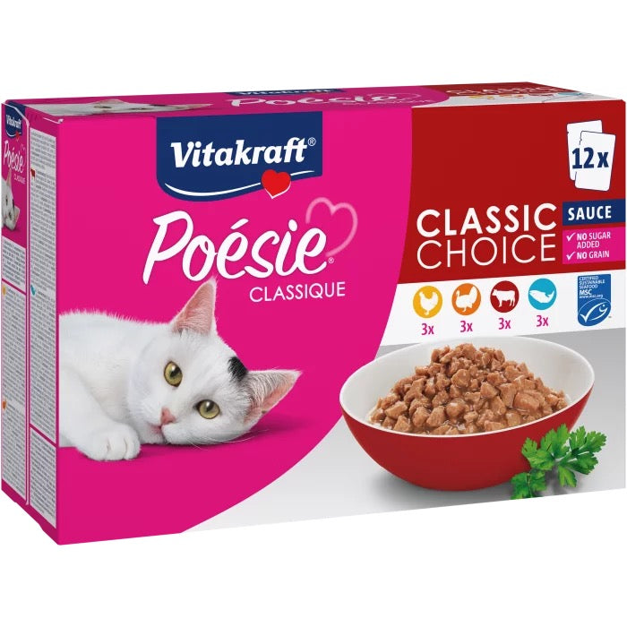 POÉSIE® МУЛТИПАК 40 бр. х 85 г ПИЛЕ 10 бр. , ПУЙКА 10 бр., ГОВЕЖДО 10 бр., СьОМГА 10 бр. - Zoo-PetShop