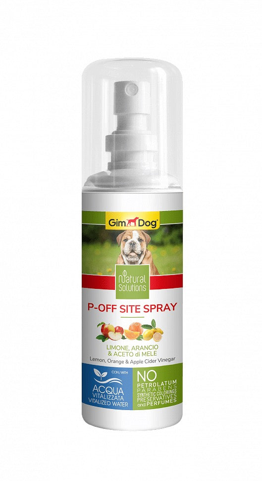 P-Off Site Spray - Отблъскващ спрей 100 мл (срещу нежелано уриниране на определени места) - GimDog Natural Solutions - с лимон, портокал и ябълков оцет - Zoo-PetShop