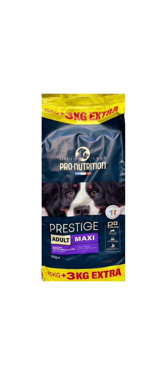 PRESTIGE DOG ADULT MAXI 15 kg +3 kg bonus - Complete food for adult dogs of large breeds with live probiotics and incredible taste and digestibility. Made in France.