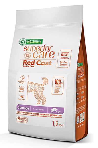 Red Coat Grain Free Salmon Junior Small and Mini Breeds! Complete grain-free food with salmon for growing dogs of small red-coated breeds.