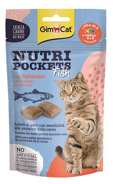GimCat Nutri Pockets Fish – Хрупкави джобчета със сьомга + Вит. A, D3, E + Омега 3 и 6 +Таурин, 60 г - Zoo-PetShop
