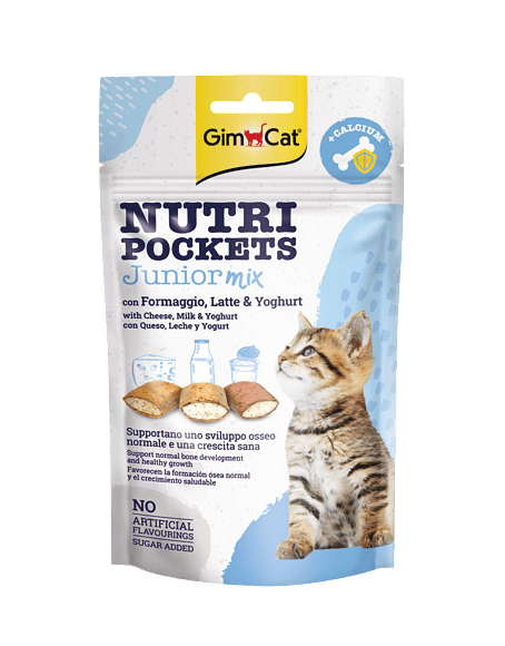 GimCat Nutri Pockets – Хрупкави джобчета JUNIOR mix, със сирене, мляко и йогурт + калций, 60 г - Zoo-PetShop