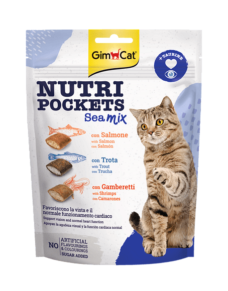 GimCat Nutri Pockets – Хрупкави джобчета Морски коктейл със сьомга, пъстърва и скариди + таурин - Zoo-PetShop