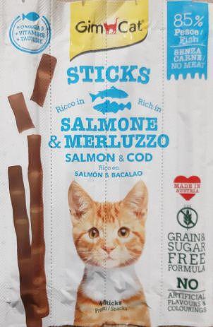 Лакомства за котки - GimCat Sticks - Саламена пръчица със сьомга и атлантическа треска 4 бр. - Zoo-PetShop